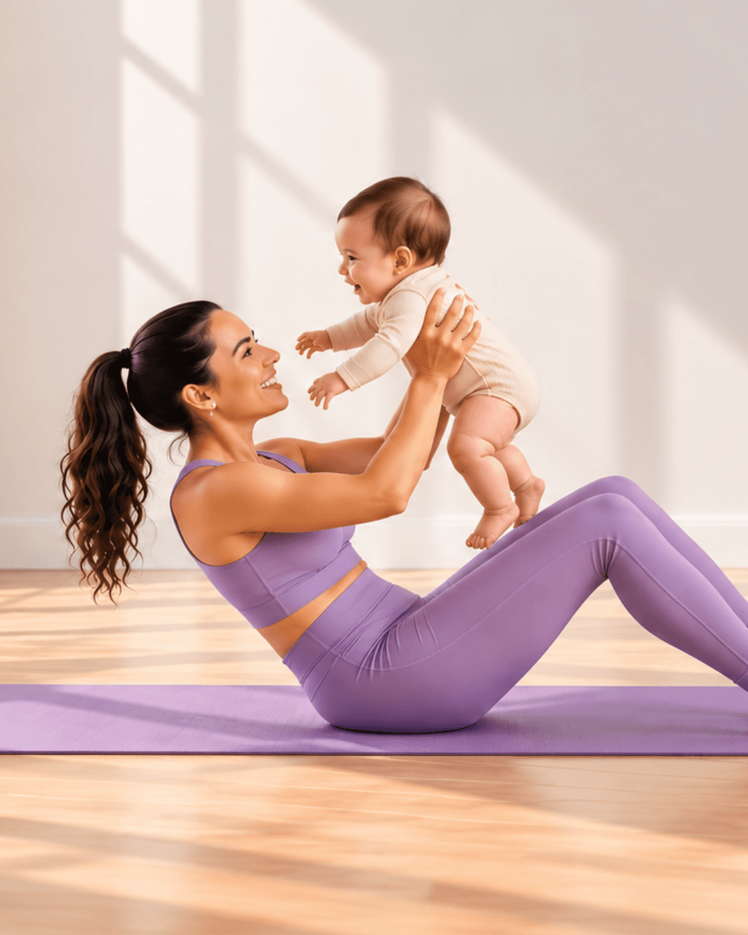 Postpartum mom working out with her baby