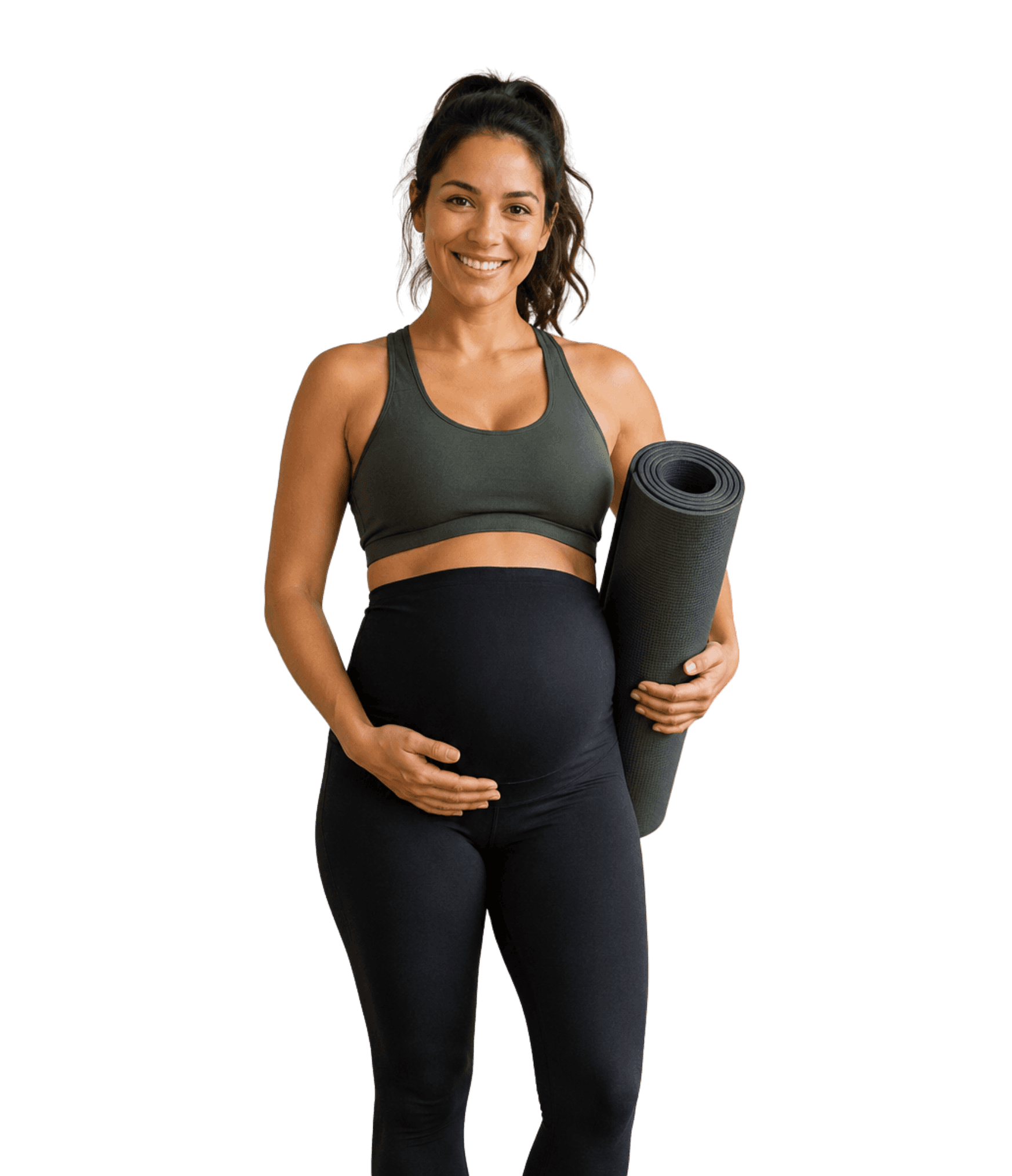 Pregnant woman holding a yoga mat